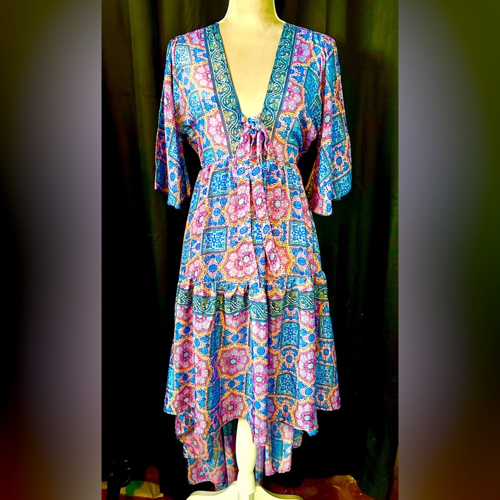 India Boutique Pink, Blue Tie Front Cut Out High Low Dress, Free Size
